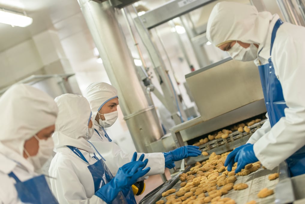 Food factory workers in full protective gear inspecting and sorting breaded chicken nuggets on a conveyor belt in a high hygiene processing environment.